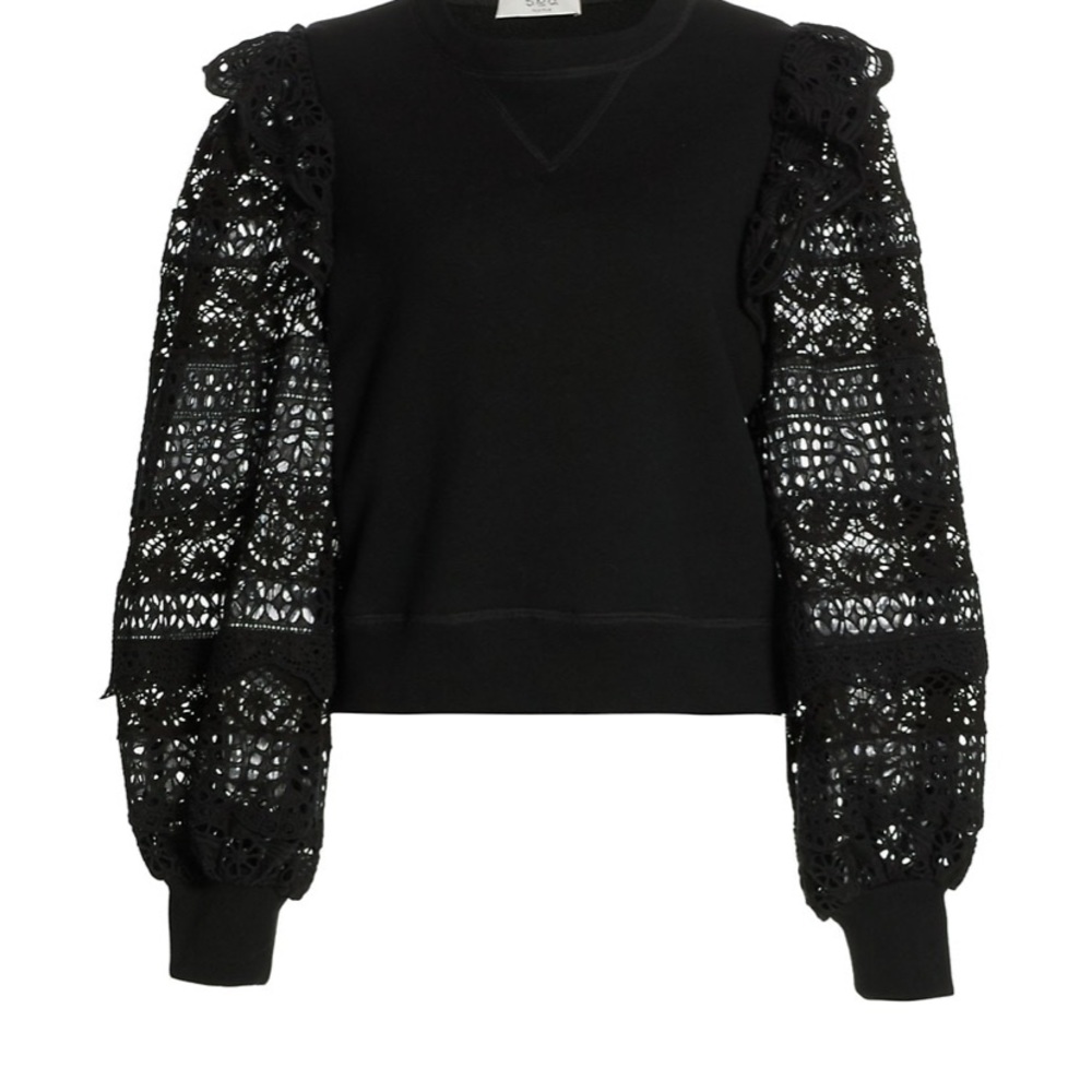 SEA Patrizia Lace Combo Sweatshirt Top Black Cropped Puff Sleeve - Picture 3 of 8